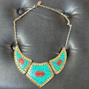 Gold, Turquoise and Coral on Brass, Mosaic Necklace made in India.